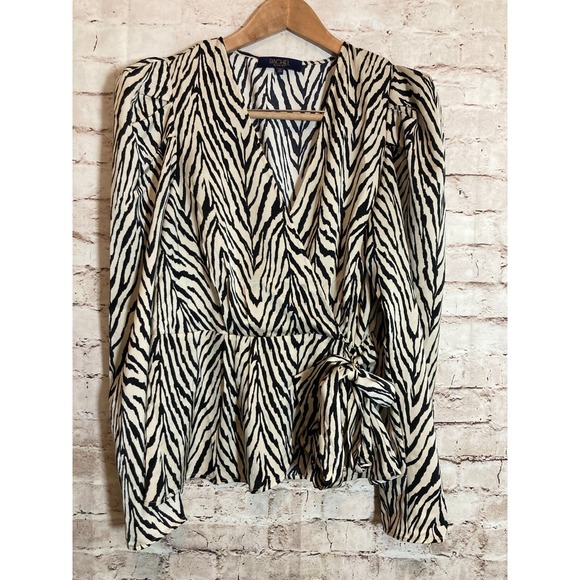 Rachel Roy Top Women Large Zebra Print Satin Faux Wrap Puff Sleeve Black & Cream - Picture 1 of 14